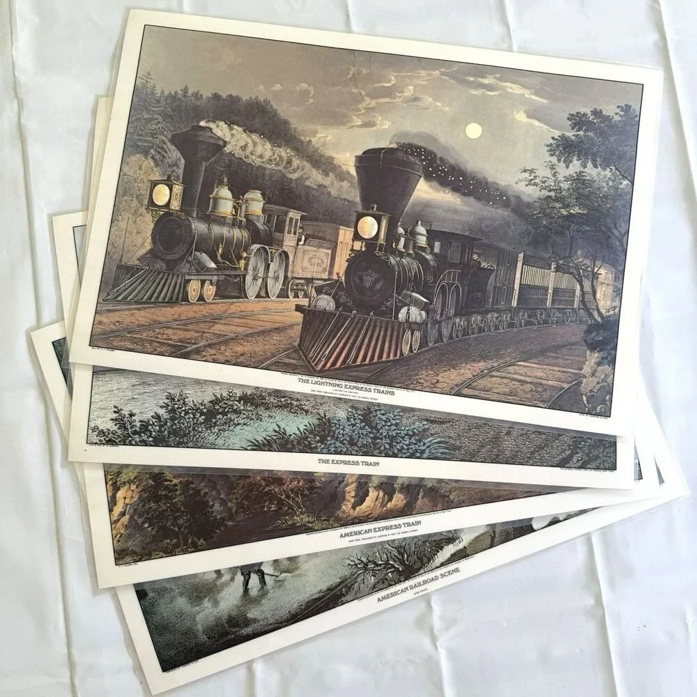 Set of 4 Vintage Train Placemats Railroad Train Currier and Ives Plastic